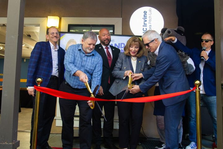 Provost Hal Stern, Vice Provost Michael Dennin, Irvine City Council Member James Mai, Kathleen Santora, Mark Santora and ANTrepreneur Center Director Ryan Foland celebrate the opening of the Santora Pitch Lab on Oct. 22.