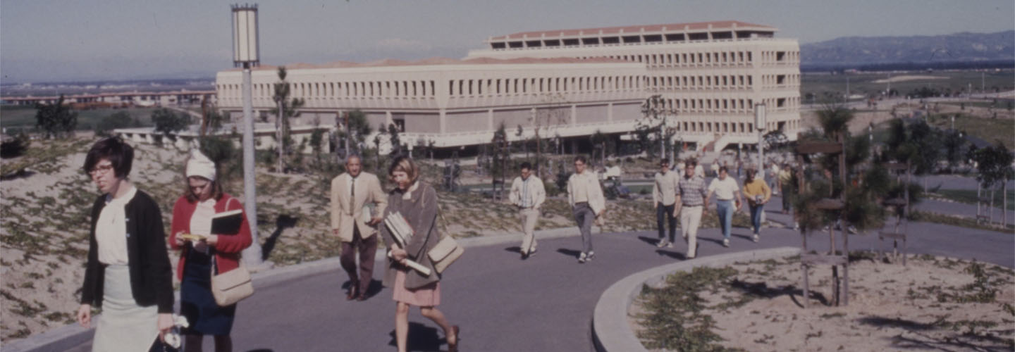 Students walking on campus in 1960s