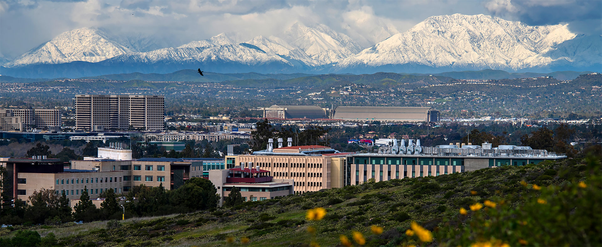 The image shows a number of buildings, with snowcapped mountains in the background.