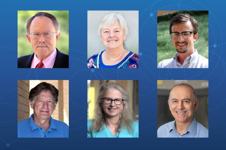 UC Irvine’s David Snow, Jacquelynne Eccles and Jim Weatherall (top, from left) and George Marcus, Etel Solingen and Kyriacos Athanasiou (bottom, from left) were elected to the American Academy of Arts & Sciences earlier this year. It’s UC Irvine’s most ever in one year.